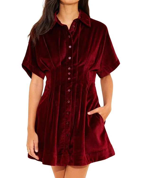 Athlisan Womens Velvet Mini Dress Short Sleeve Button Down Pleated Waist Shirt Dress with Pockets | Amazon (US)