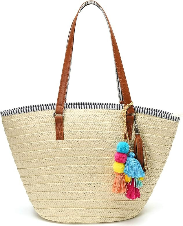 Straw Beach Bags Tote Tassels Bag Hobo Summer Handwoven Shoulder Bags Purse With Pom Poms | Amazon (US)