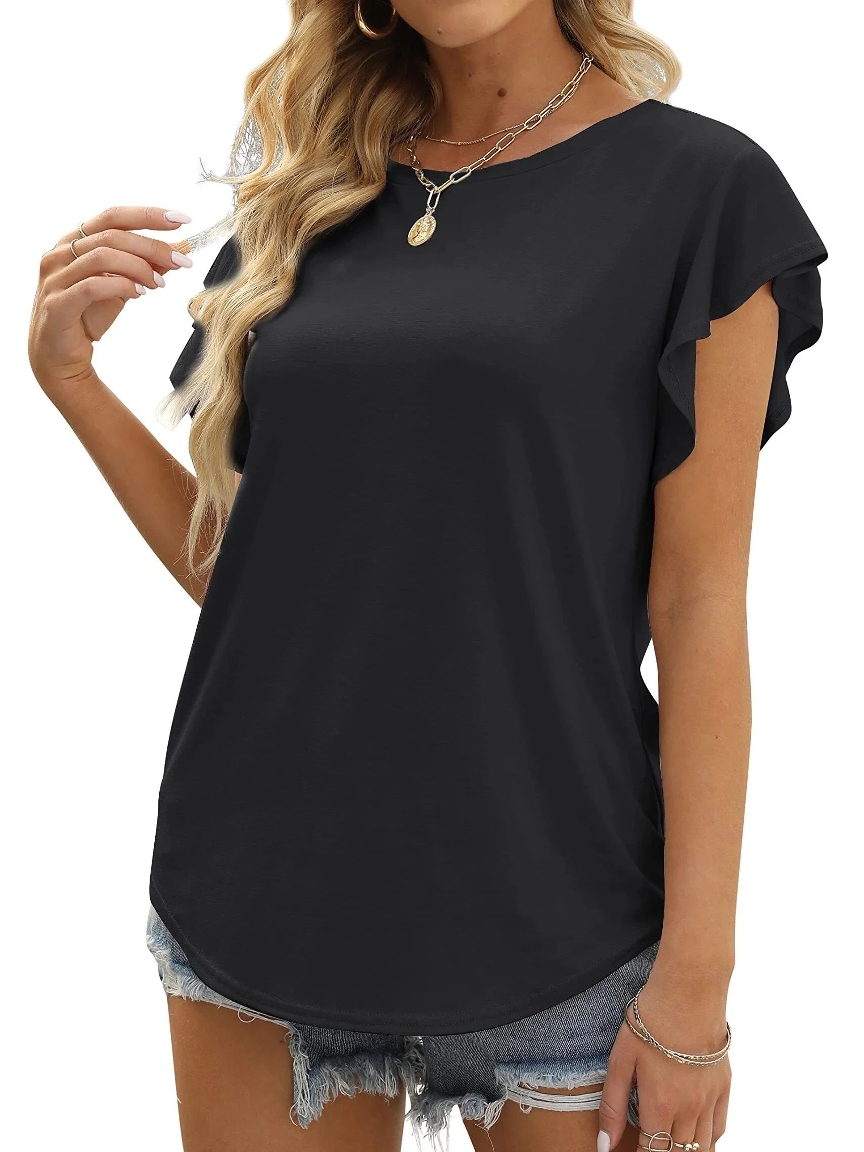 MOSHU Summer Blouses for Women Ruffle Sleeve Womens Tops Round Neck Casual Tshirts | Walmart (US)
