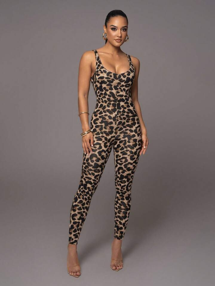 Women's Leopard Print Sleeveless Bodysuit Jumpsuit | SHEIN