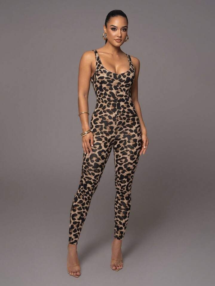 Women's Leopard Print Sleeveless Bodysuit Jumpsuit | SHEIN