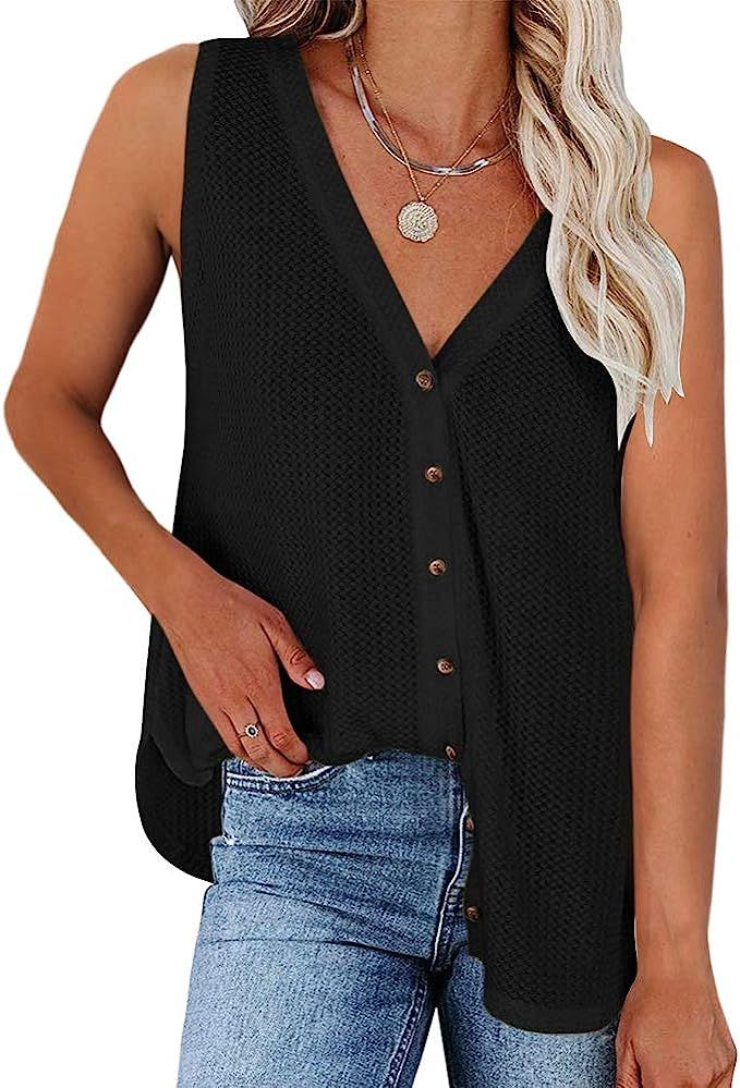 CCBSTS Womens Button Down V Neck Tank Tops Sleeveless Waffle Knit Blouse Shirt Summer Casual Loos... | Amazon (US)
