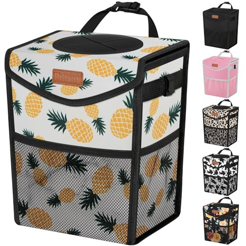 Pritent Car Trash Can with Lid, Cute Leakproof Car Trash Garbage Bag Hanging Vehicle Trash Bin Small Portable Automotive Garbage Cans Organizer for Back/Front Seat/Console(2.8 gal,Pineapple Print | Amazon (US)