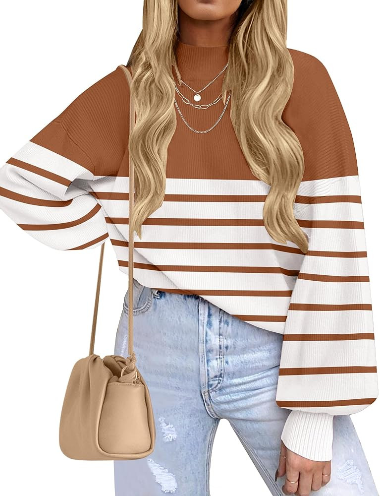 ZESICA Women's Fall Fashion Turtleneck Long Sleeve Striped Ribbed Knit Loose Pullover Sweater Top... | Amazon (US)