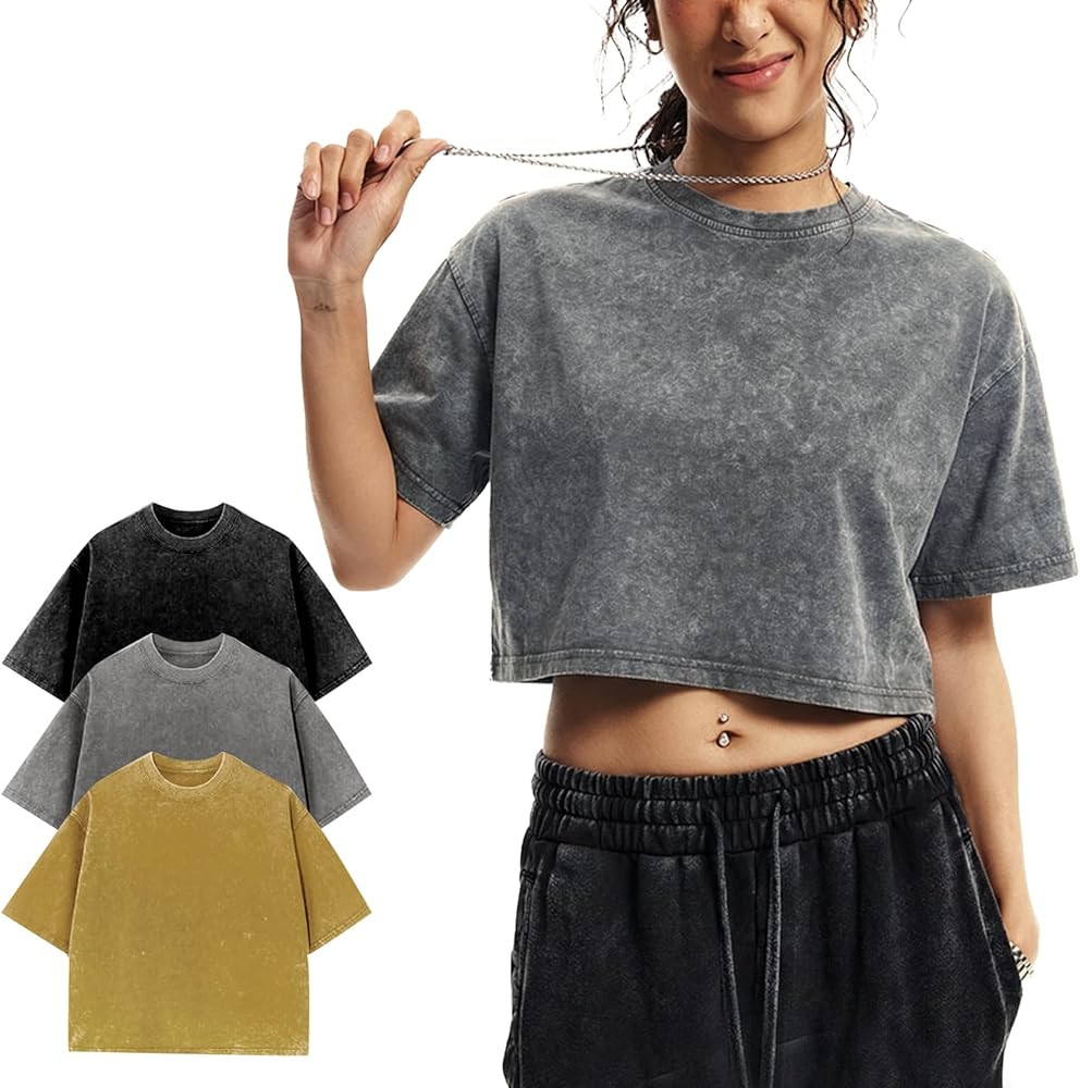 Yimoon Cropped T Shirts for Women Vintage Acid Wash Tees Short Sleeve Cotton Crop Top(BlackGreyAp... | Amazon (US)