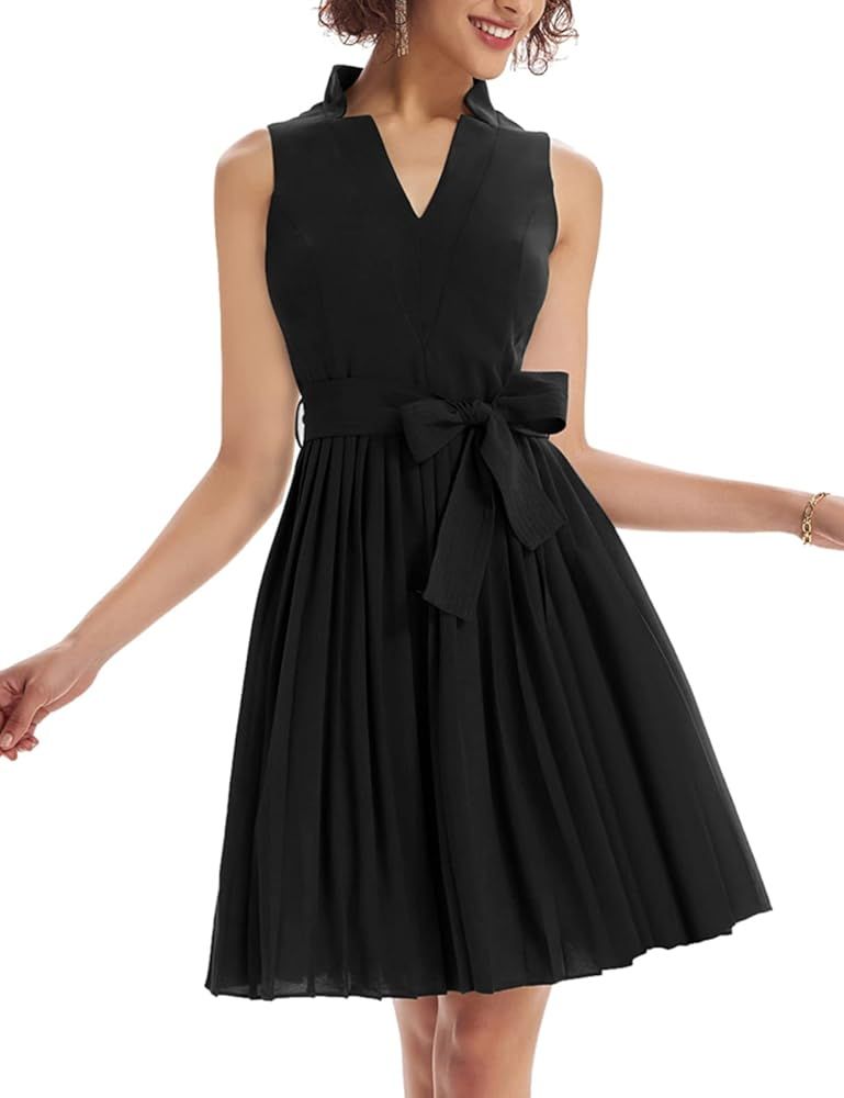 GRACE KARIN Women Elegant Pleated Swing Dress Solid Sleeveless V-Neck Work Dress | Amazon (US)