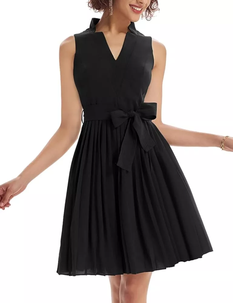 GRACE KARIN Women Elegant Pleated Swing Dress Solid Sleeveless V-Neck Work  Dress