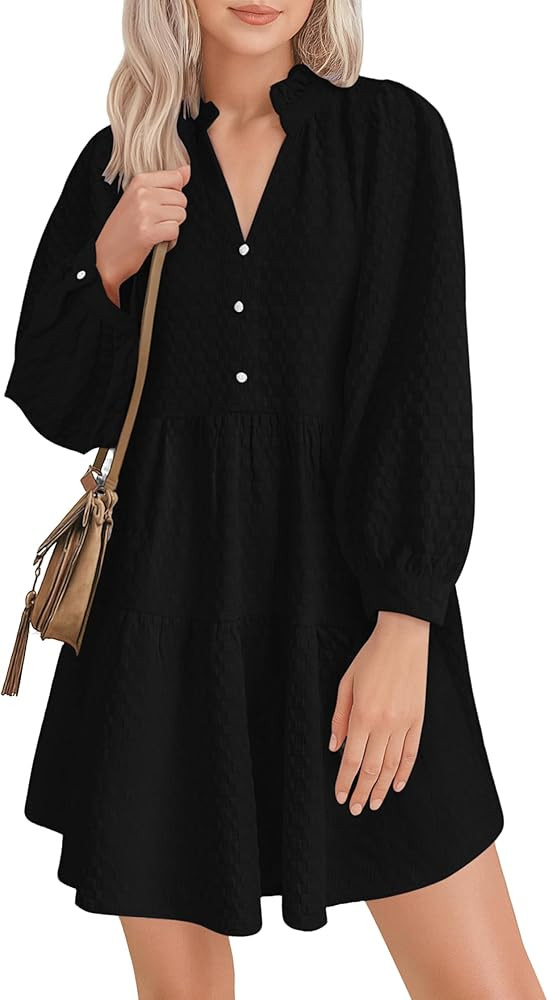 Lazysmile Dresses for Women Long Sleeve V Neck Button Down Ruffled Flowy Fall Casual Babydoll Tun... | Amazon (US)