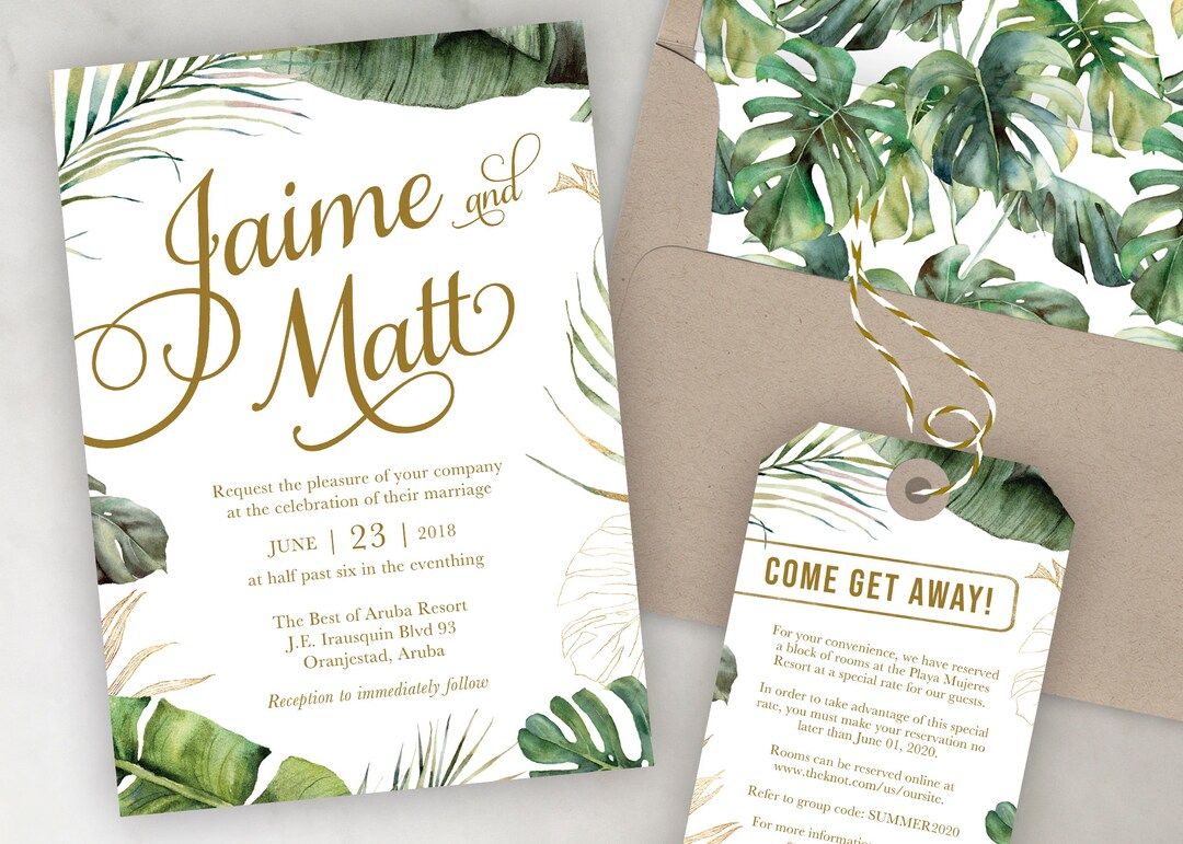 Destination Wedding Invitation Tropical Leaves Greenery Invitation Set in Gold by Luckyladypaper ... | Etsy (US)