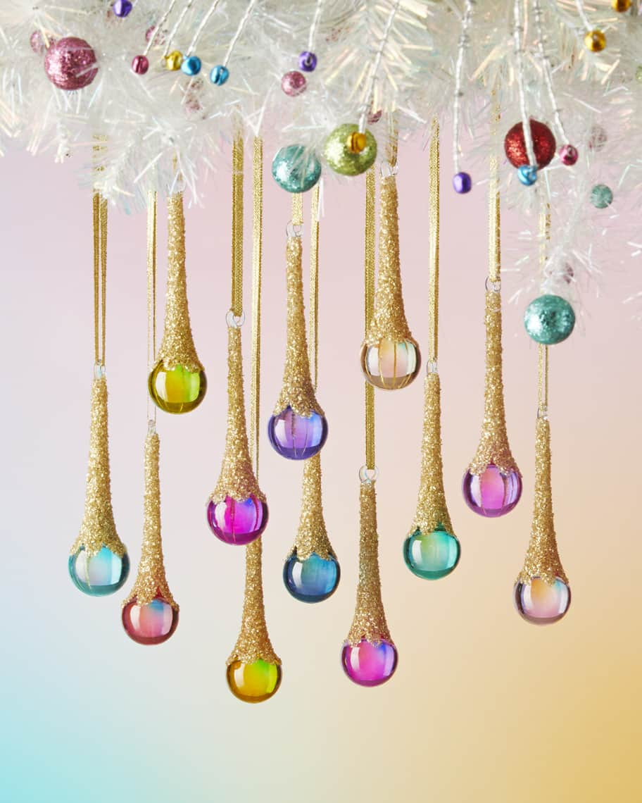Glitterville 4.25" Rainbow Glittered Drop Ornaments, Set of 12 | Neiman Marcus