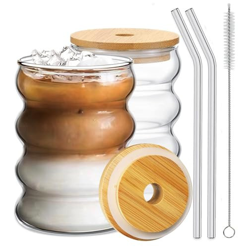 Ework4U 2 Pcs Drinking Glasses with Bamboo Lids and Glass Straw 14oz Glassware Set,Cocktail Glasses,Iced Coffee Glasses,Beer Glasses,Ideal for Water,Soda,Tea,Gift - with Cleaning Brushe | Amazon (US)