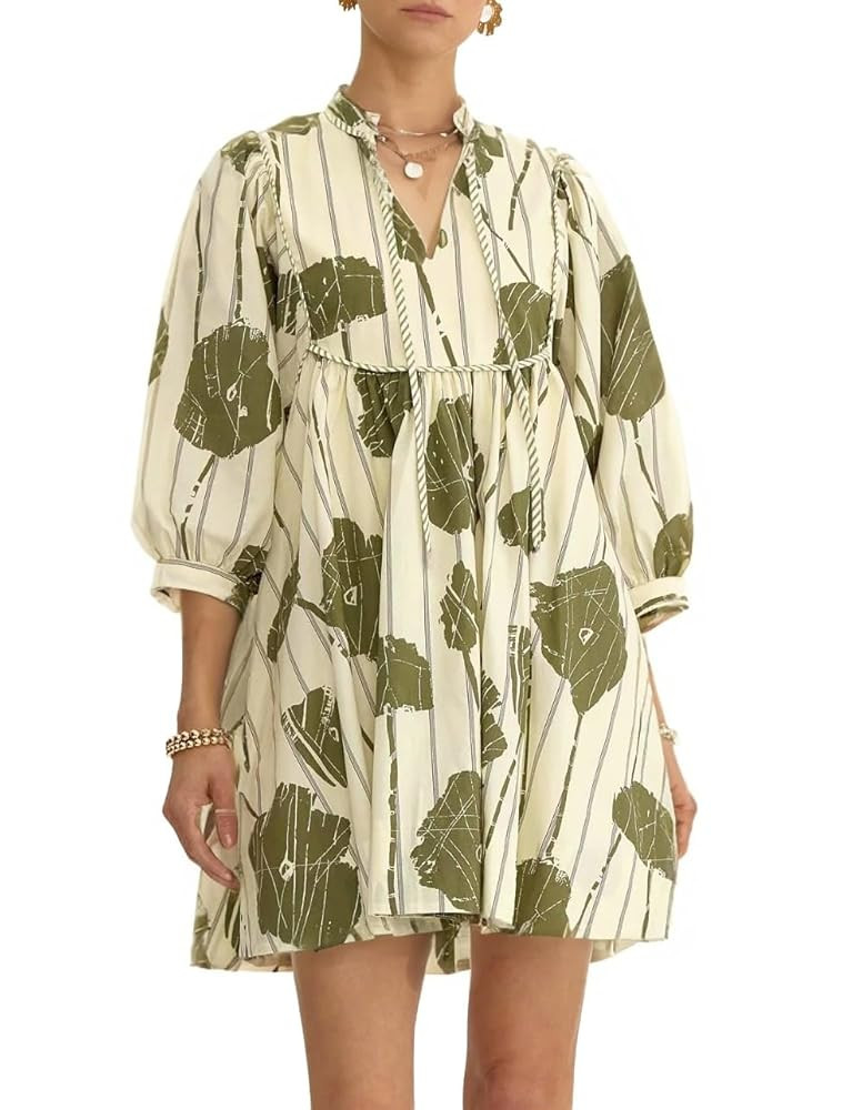 Women Floral Babydoll Mini Dress V Neck 3/4 Puff Sleeves A Line Flowy Swing Summer Sun Dresses | Amazon (US)