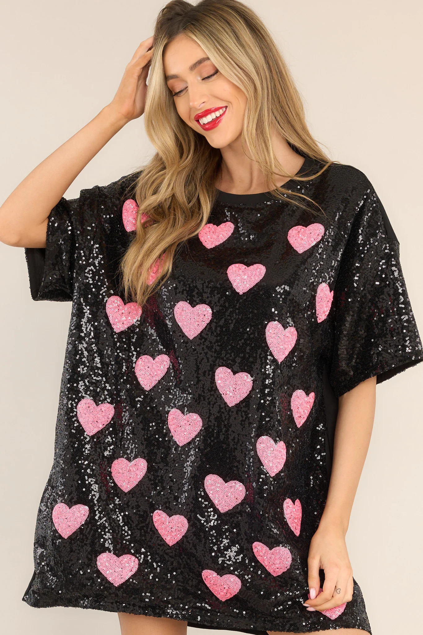 The Moment Black Sequin Heart Shirt Dress | Red Dress 