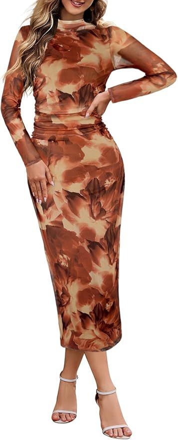 MEROKEETY Women's 2024 Long Sleeve Tie Dye Dress Bodycon Mock Neck Mesh Ruched Cocktail Maxi Dres... | Amazon (US)