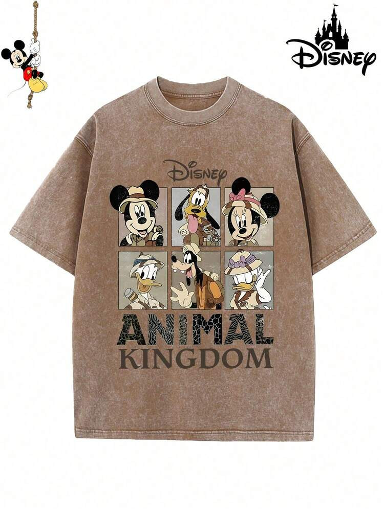 1 New Disney Cotton Washed T-Shirt, Disney ANIMAL KINGDOM Animal Character Jigsaw Print, Round Neck Leisure And Comfortable Cotton Washed T-Shirt, Suitable For Sports And Daily Wear, A Good Choice For Gifts, A Must For Parties, High-Quality Clothing, Suitable For Gifts. | SHEIN