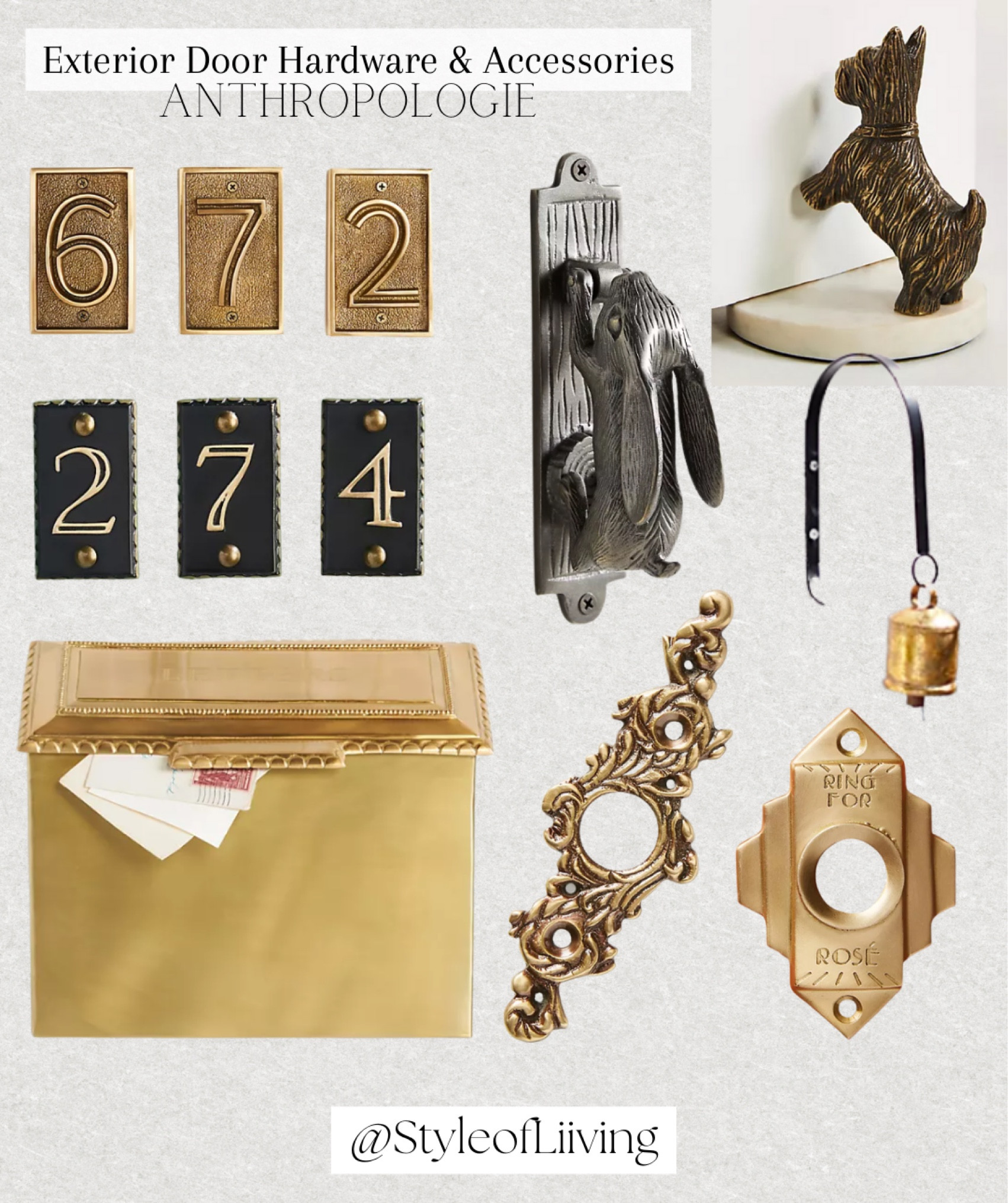 Anthropologie’s exterior door hardware and accessories! Bronze mailbox, brass house numbers, brass Scottie dog breed doorstop, swinging hare door knocker, brass wall bell for outside or garden, doorbell covers. 

#LTKhome #LTKGiftGuide