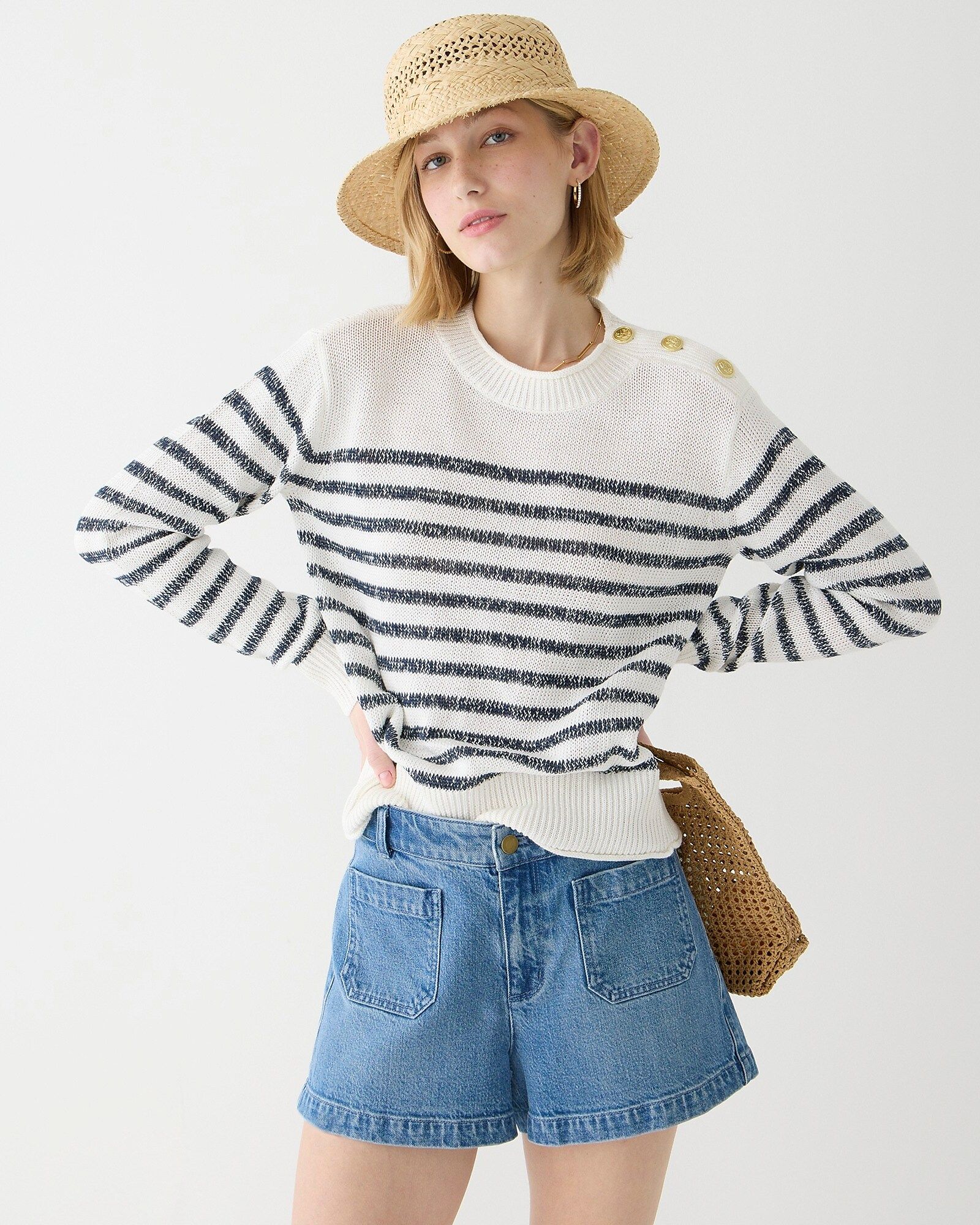 Relaxed linen-blend beach sweater with shoulder buttons in stripe | J.Crew US