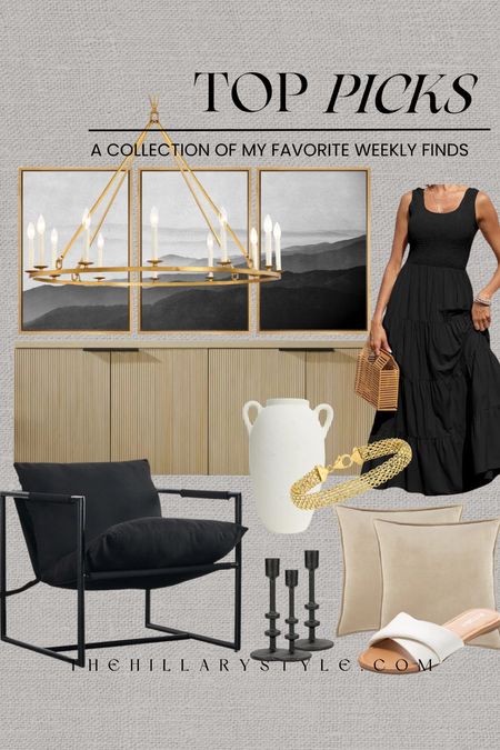 Weekly Top Picks Fashion & Home: furniture and clothing from Walmart, target Amazon and Wayfair. Black accent, chair, fluted, sideboard wall art gold chandelier, ceramic face, black summer dress, gold jewelry, velvet, throw pillows, candlestick holders.

#LTKSeasonal #LTKhome #LTKstyletip