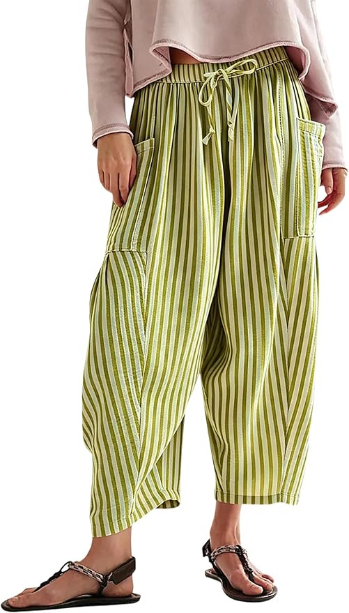 MISSACTIVER Women Summer Striped Harem Pants Flowy Baggy Casual Wide Leg Trousers Drawstring Boho... | Amazon (US)