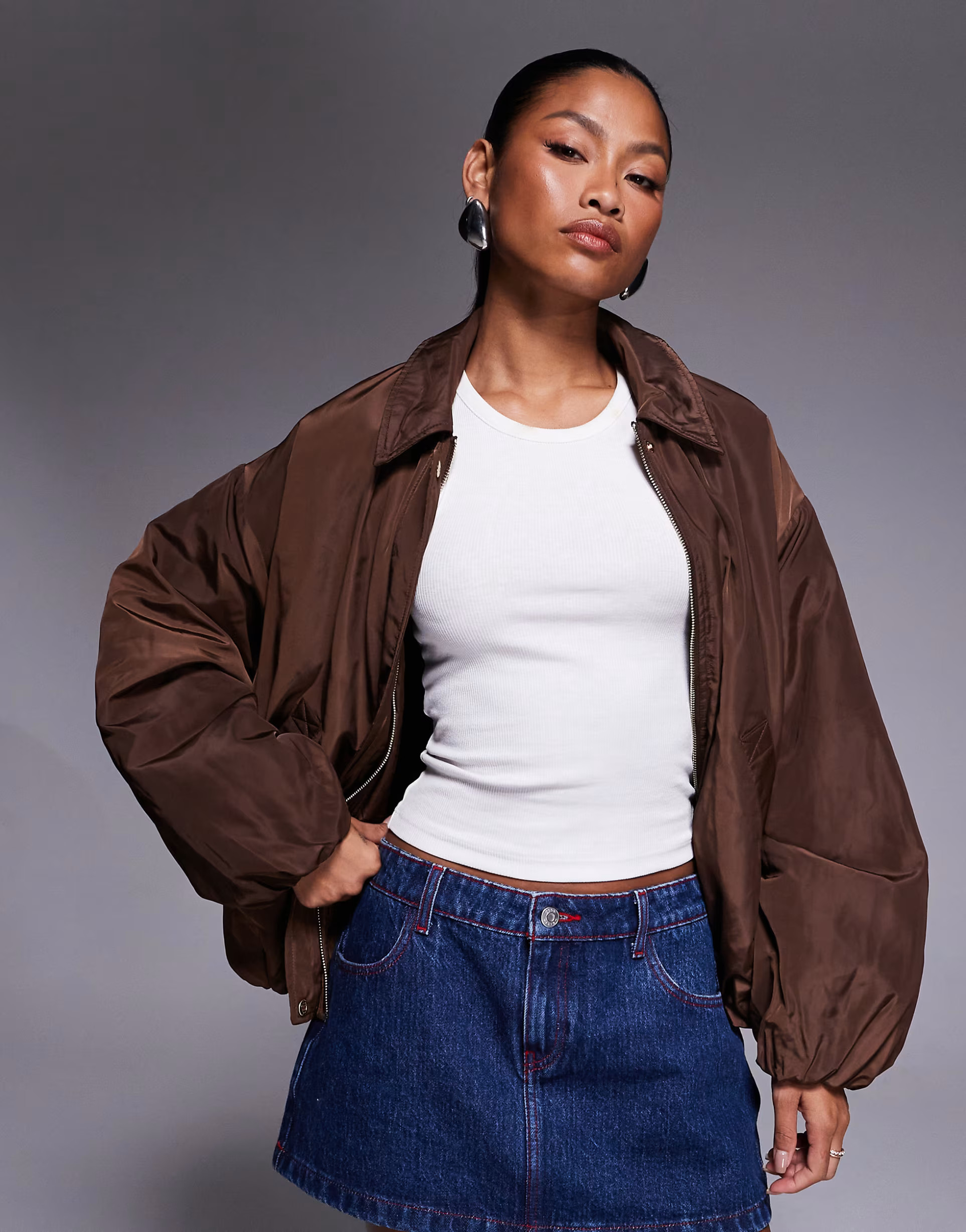 Home› Search results for brown bomber jacket› River Island bubble hem bomber jacket in brown | ASOS (Global)