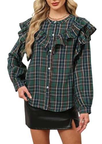 Women Plaid Ruffle Blouse Long Sleeve Button Down Shirt Christmas Tartan Top Casual Holiday Check... | Amazon (US)