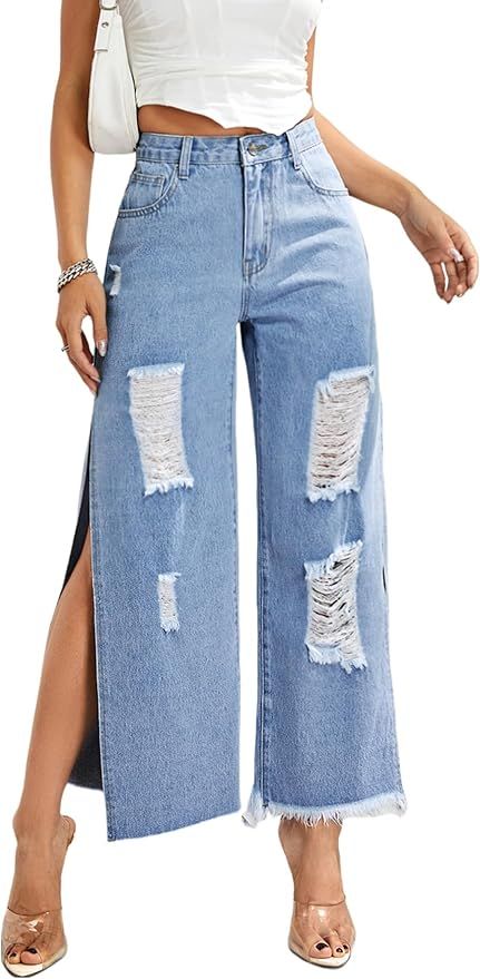 MakeMeChic Women's Causal Split Thigh Jeans Ripped Straight Leg Crop Denim Pants | Amazon (US)