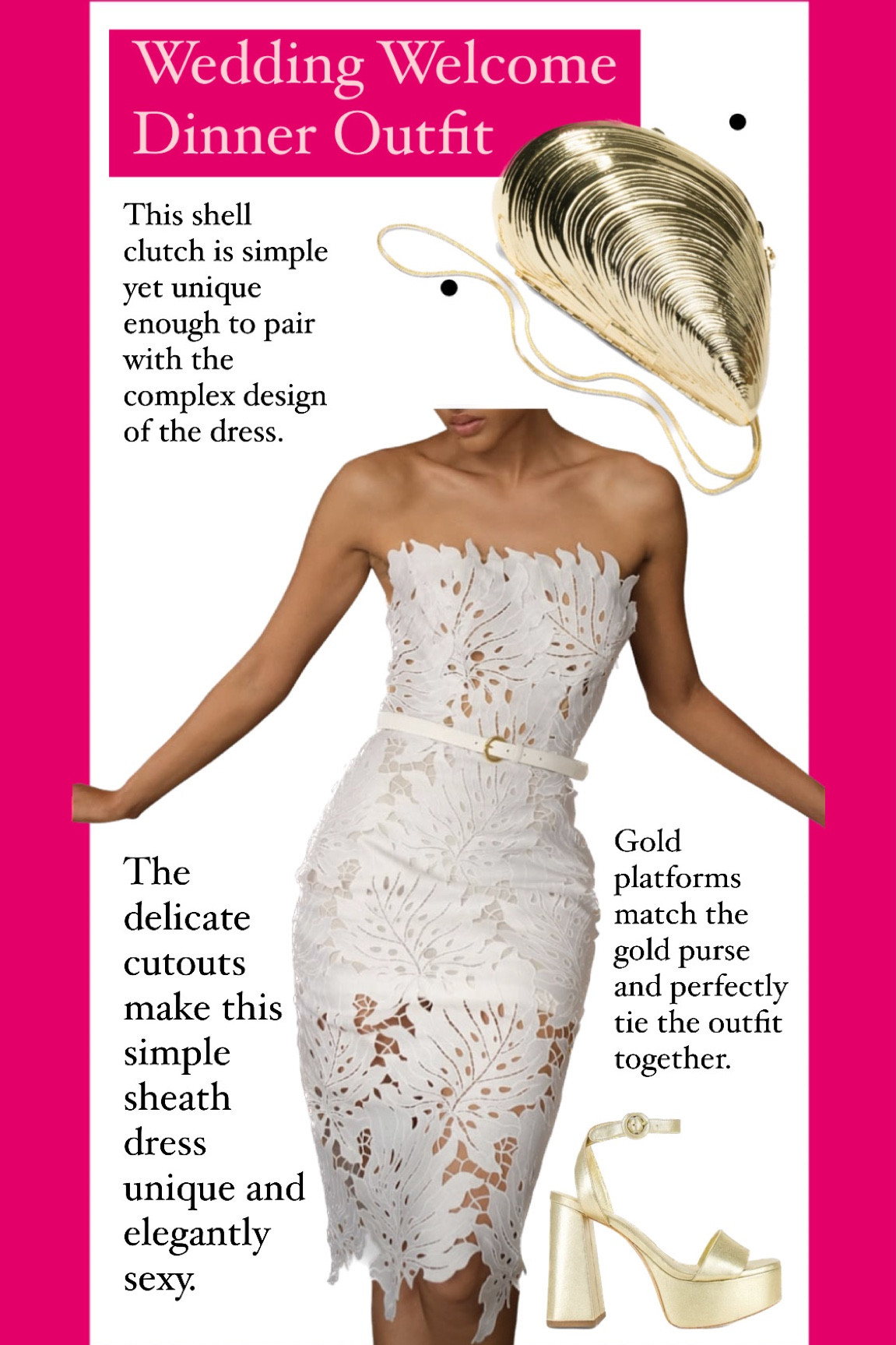 Choosing an outfit for your wedding welcome dinner can be daunting but this gorgeous sheath dress with delicate cut outs and stunning gold clutch with matching shoes is perfect for any beach wedding event. 

#LTKwedding #LTKparties #LTKstyletip