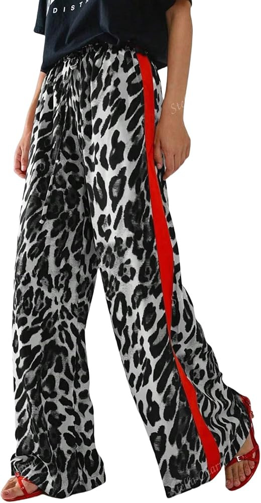 Women's Casual Pants Drawstring Leopard Print Color Block Side Striped Straight Leg Wide Leg Loos... | Amazon (US)
