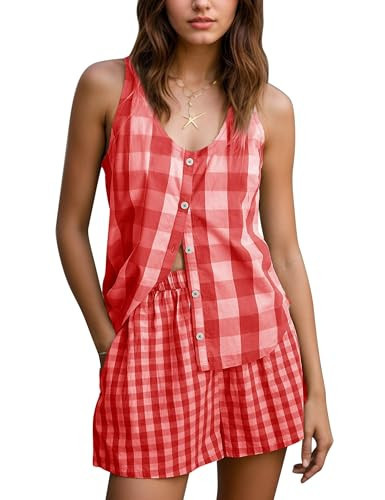 MISSACTIVER Gingham 2 Piece Short Sets For Women Sleeveless Button Down Tank Tops Shorts Summer Lounge Matching Pajama Sets Red | Amazon (US)