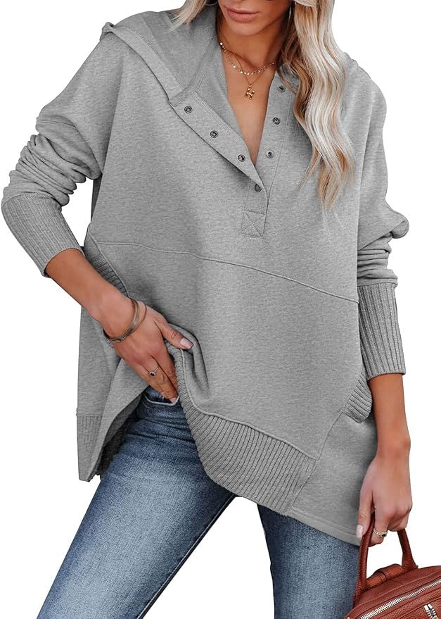VICHYIE Womens Casual Hoodies Pocketed Long Sleeves Henley Button Pullover Sweatshirts Oversized ... | Amazon (US)