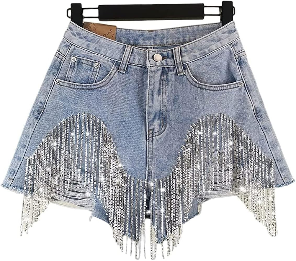 Womens High Waist Raw Hem Frayed Ripped Stretchy Short Jeans PantsRhinestone Diamond Fringe Denim Shorts | Amazon (US)