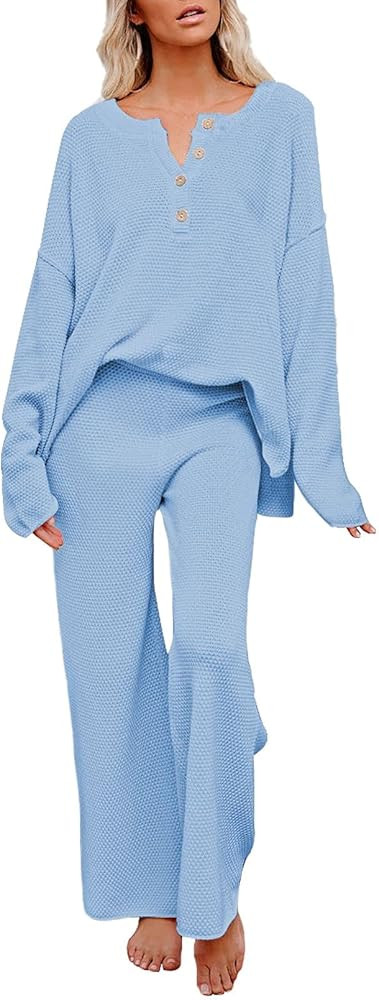 Women's 2 Piece Outfit Set Long Sleeve Button Knit Pullover Sweater Top and Wide Leg Pants Sweats... | Amazon (US)