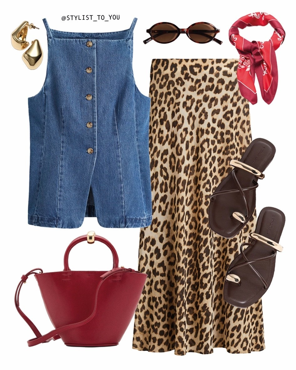 Sunshine, statement prints and sandals made for city strolling ☀️

Flat lay of a stylish summer outfit featuring a sleeveless strappy denim button-front waistcoat top, a chiffon leopard print maxi skirt, black strappy flat sandals with gold accents, a structured burgundy red bucket crossbody handbag, gold sculptural
statement earrings, and oval dark sunglasses. The look is trendy, casual-chic, and ideal for warm weather fashion. summer outfit, denim top, leopard skirt, midi skirt, flat lay fashion, casual chic, street style, outfit inspo, trendy look, fashion flat lay, gold earrings, statement jewelry, black sandals, animal print skirt, cool girl style, minimalist sandals, red handbag, summer style, outfit inspiration, day look, vacation outfit, chic fashion, capsule wardrobe, effortless style, casual glam, fashion accessories, urban outfit, neutral tones, warm weather outfit, fashion blogger style, denim fashion, printed skirt outfit, resort wear, weekend outfit, bold accessories, stylish outfit, everyday fashion, feminine edge, modern style, fashion flatlay, city chic

#LTKeurope #LTKuk #LTKsummer