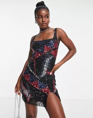 Band Of Stars premium sequin placement mini dress with low centre back in black | ASOS (Global)