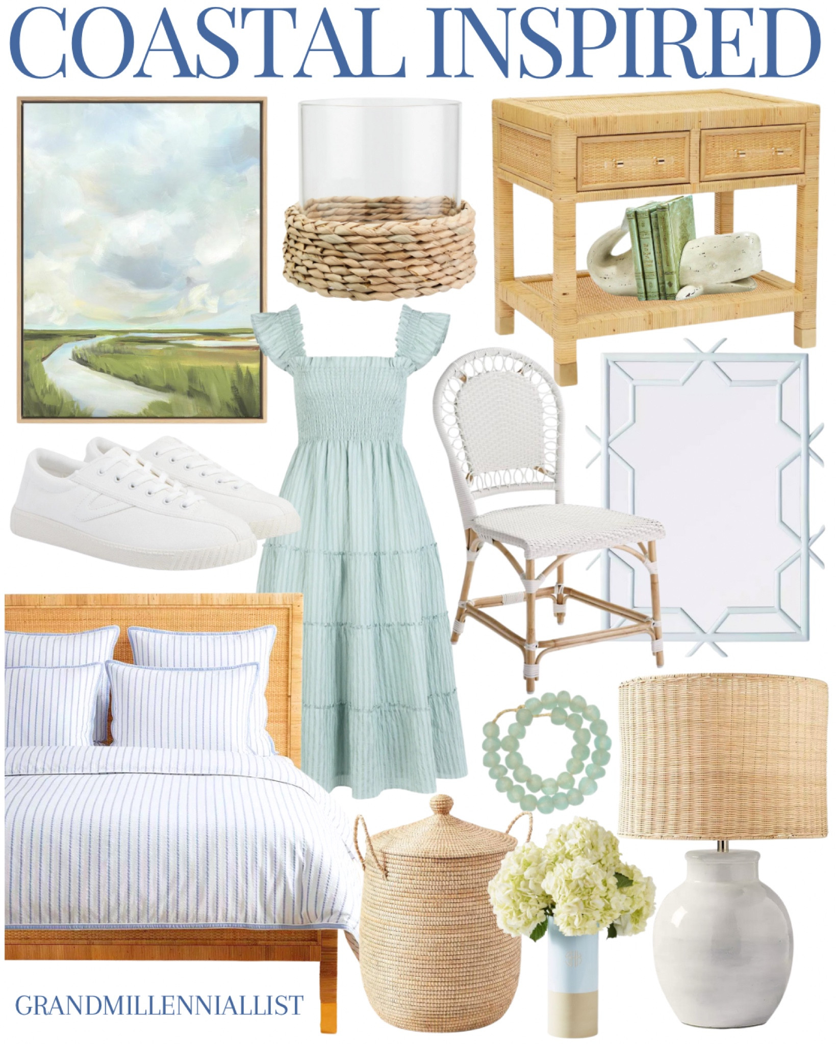 Coastal inspired decor home 

Marsh painting/rattan side table/whale bookends/woven lamps/spring dress/sea glass beads/bistro chair/hydrangea vase

#LTKSeasonal #LTKStyleTip #LTKHome