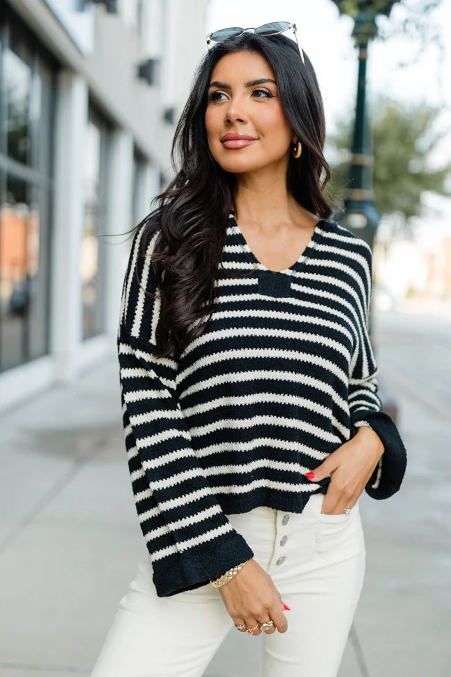 Take The Long Way Black and Ivory Lightweight Knit Striped Sweater | Pink Lily