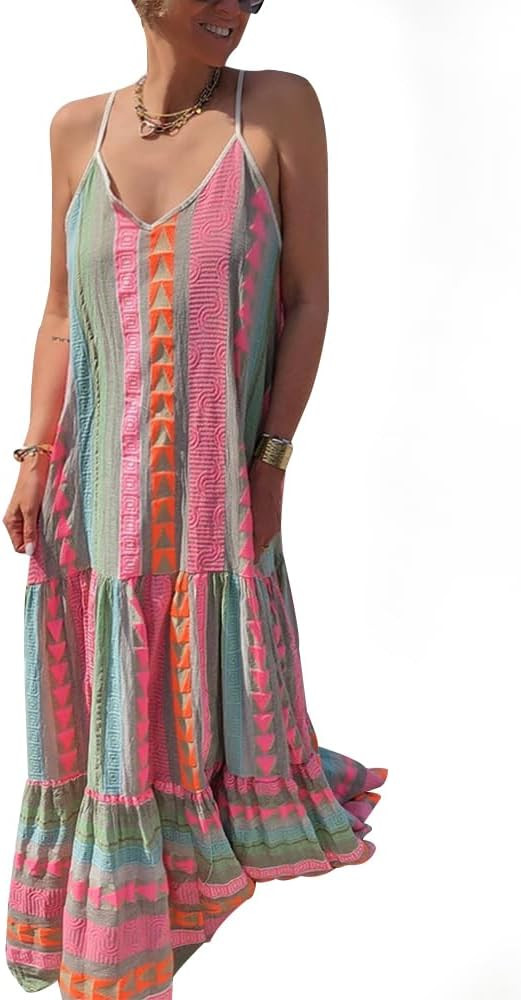 Plus Size Summer Maxi Dress for Women Flowy Spaghetti Strap Dress Sleeveless V Neck Tiered Dress ... | Amazon (US)