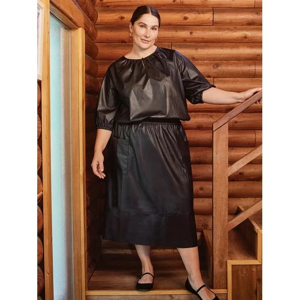 The Get Women's Plus Size Faux Leather Midi Skirt - Walmart.com | Walmart (US)