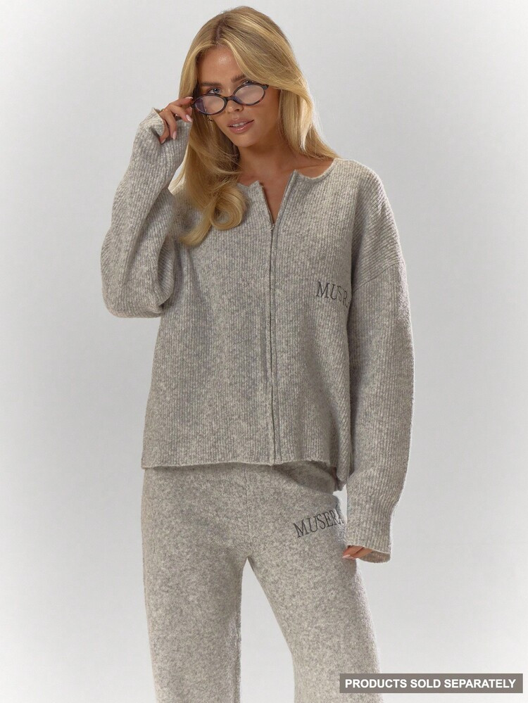 MUSERA Oversized Rib Knit Embroidered Zip Through Long Sleeve Cardigan Only Fall Autumn Cosy Cute Casual Coffee Club Winter Christmas Elegant Evening Party New Year | SHEIN