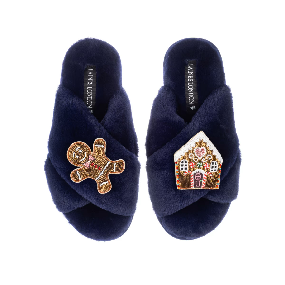 Classic Laines Slippers With Christmas Gingerbread Man & House Brooches - Navy | Wolf & Badger
