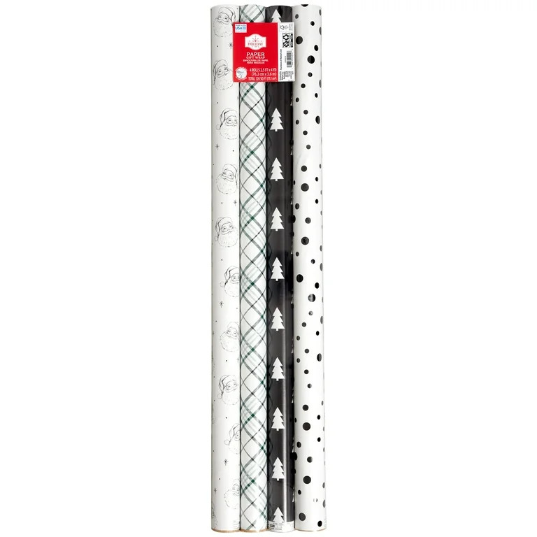 Black and White Modern Print Christmas Paper Gift Wrap, 120 sq ft, 4 Count, by Holiday Time - Wal... | Walmart (US)