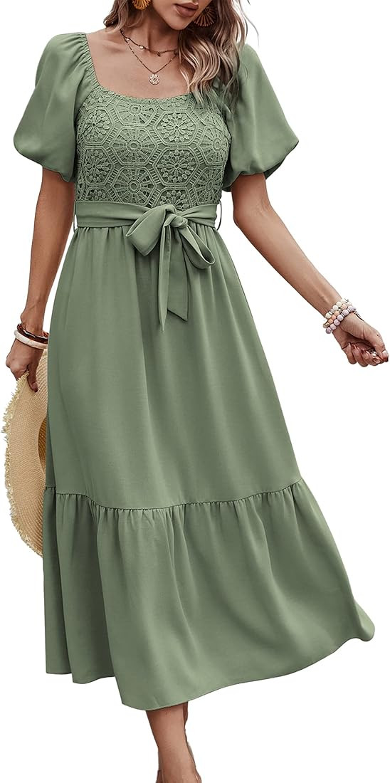 CCTOO Womens 2023 Summer Dress Square Neck Puff Sleeve Lace Boho Maxi Long Plus Size Dresses with... | Amazon (US)