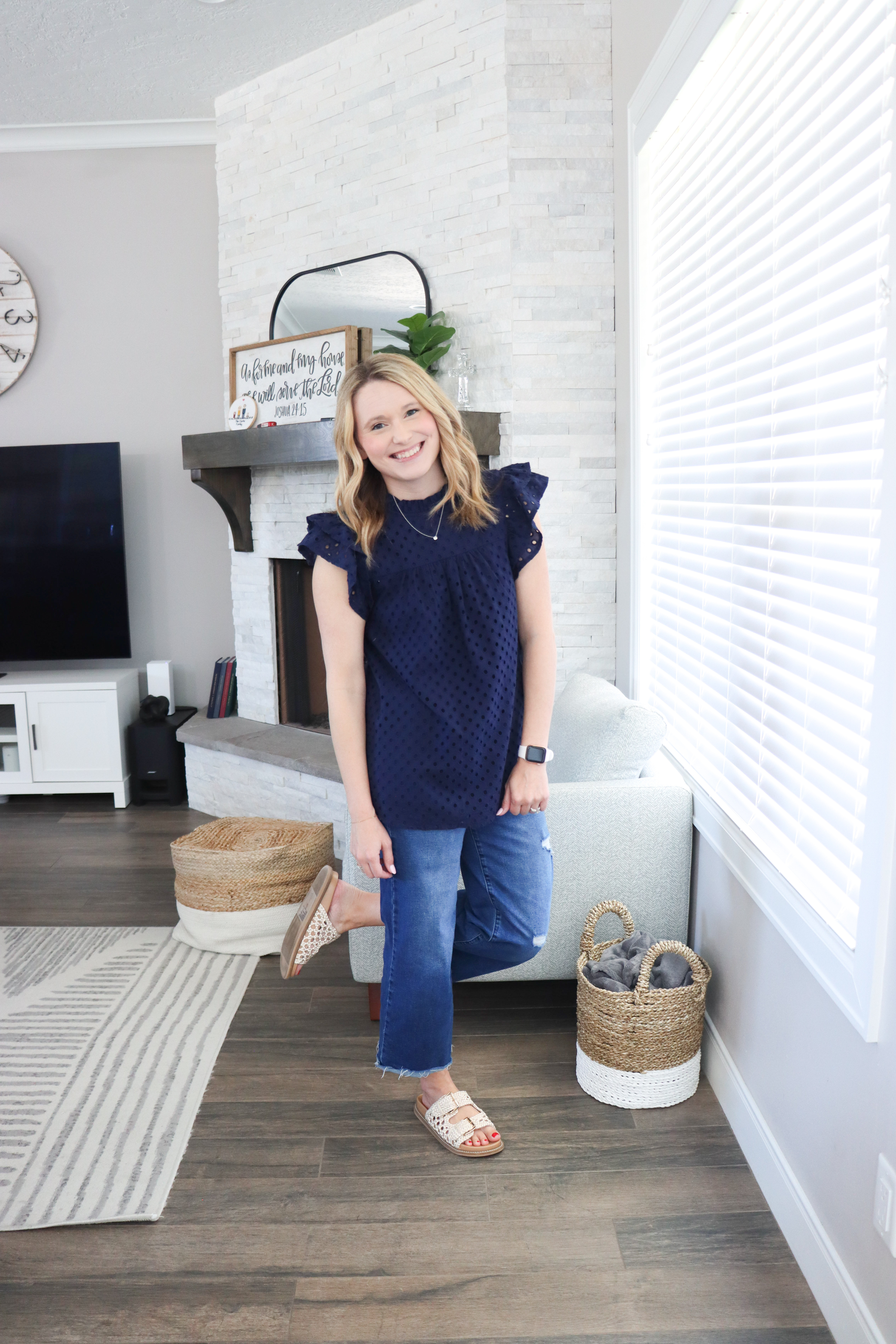 An elevated basic you’ll wear on repeat 💫 Loving the eyelet detail and ruffle sleeves paired with cropped denim and sandals for an easy every day look.  

 #LTKSeasonal #LTKFindsUnder50 #LTKStyleTip