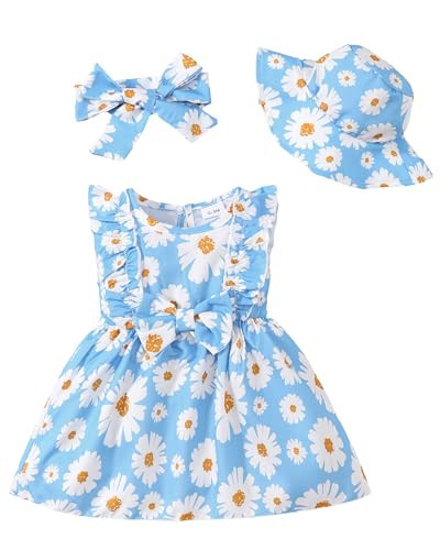 Baby Girl Summer Dress 6-9 Months Girl Clothes Baby Blue Tutu Dress for Girls Daisy Flower Sundress with Hat Sleeveless Baby Girl Clothes 6-12 Months | Amazon (US)