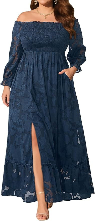 Plus Size Summer Dresses Sun - Maxi Boho Casual Off Shoulder Floral Lace Long Dress with Pockets | Amazon (US)
