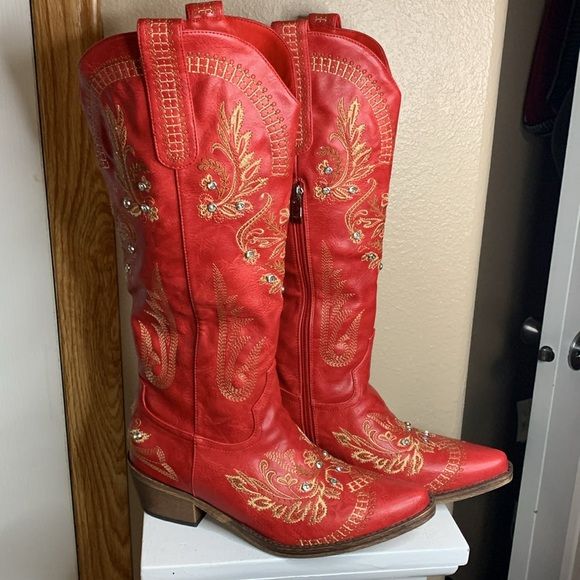 Western Floral Embroidered Rhinestone RED Boots NEW in box | Poshmark
