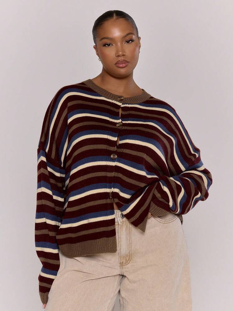 MUSERA Plus Size Stripe Crewneck Button Down Loose Fit Cardigan Cute Elegant Vacation Classy Holiday Coolgirl Casual Lounge For Women Curve Butterscotch Evening Party Elegant Spring Sweater | SHEIN