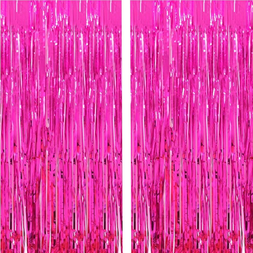 2 Pcs 3.2ft x 8.2ft Shiny Hot Pink Metallic Tinsel Foil Fringe Curtains Photo Booth Backdrop for ... | Amazon (US)