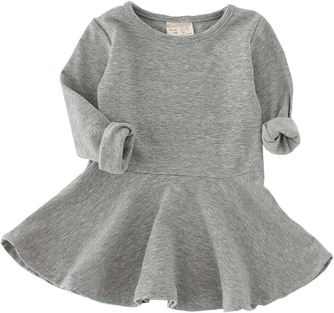Toddler Baby Girls Long Sleeve Cotton Dress Solid Ruffle Tops | Amazon (US)