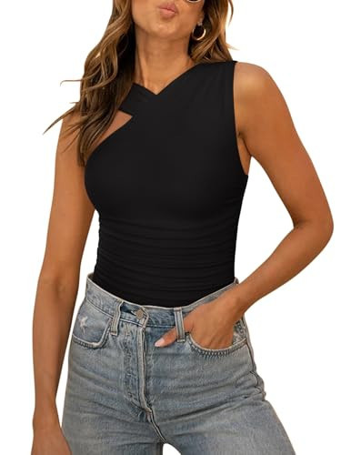 REORIA Womens Sexy Asymmetrical Leopard Print Mesh Ruched Going Out Bodysuits Tank Tops Black X-Small | Amazon (US)